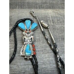 Amazing Vtg Navajo Thomas Byrd Sterling Silver Turquoise Kachina Bolo Red Mesa